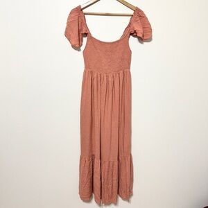 Carly Jean Smocked Maxi Dress Size Small Tiered Coral Ruffle Beach Summer